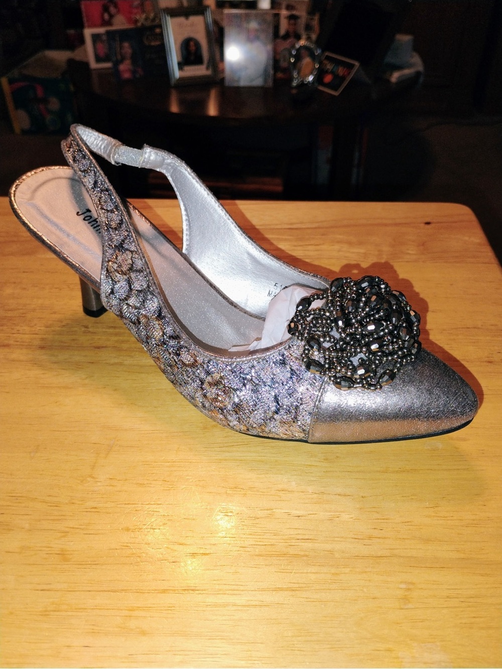 Women's Silver Embellished Slingback Heels with Decorative Brooch